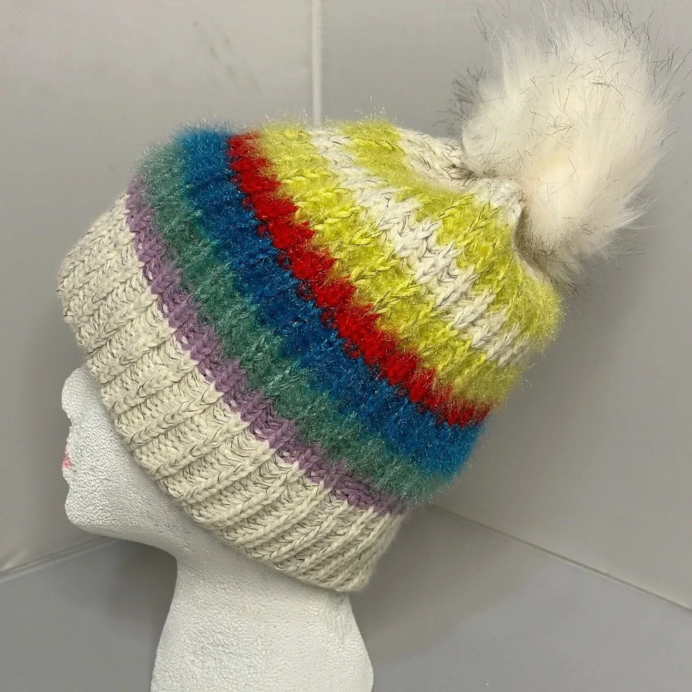 Rainbow Striped Knit Beanie Hat with Faux Fur Pom Pom and Metallic Tinsel Accent